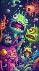 A vibrant illustration of whimsical, colorful aliens in a cosmic setting.