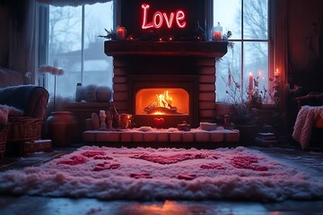 Cozy winter fireplace scene with heart-shaped rug.