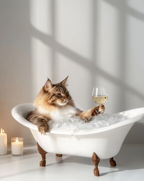 Wine and bubble bath relaxation concept. A cat relaxing in a bathtub with bubbles and a glass of wine