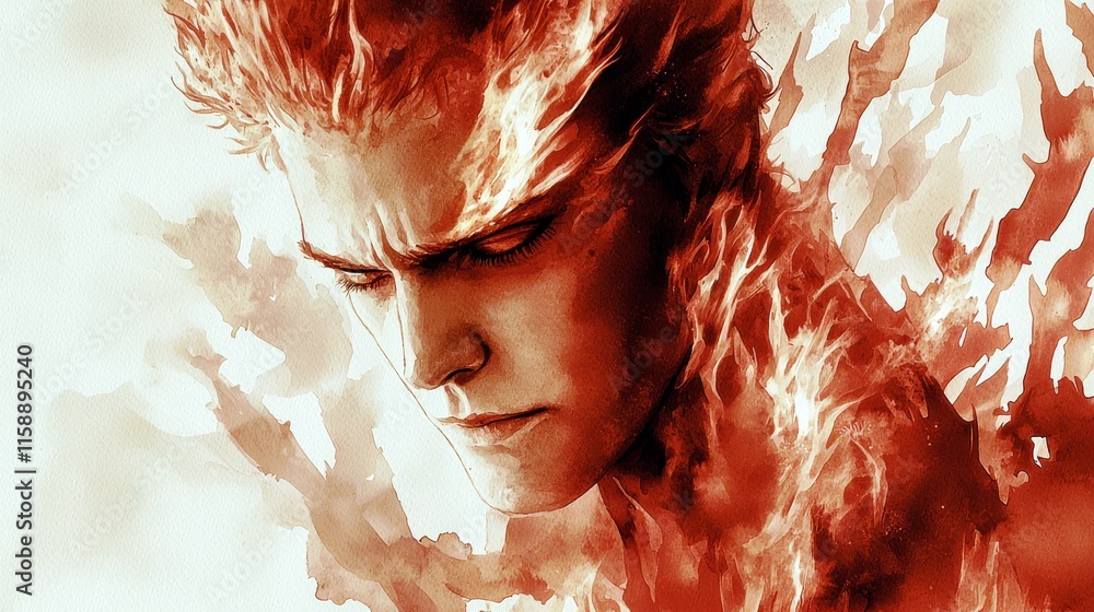 Poster intense portrait of a fiery character with flames surrounding a serious expression in a dynamic arti