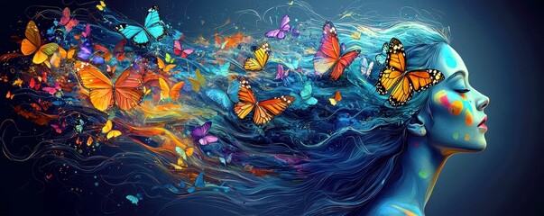 Colorful portrait of a woman with flowing hair and vibrant butterflies, symbolizing transformation and freedom in a dreamy artistic representation