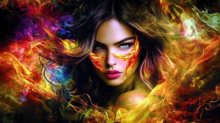 Fototapeta premium Stunning Portrait of a Young Woman with Fiery Makeup and Colorful Smoke Effects in a Dark Background Capturing Beauty and Emotion