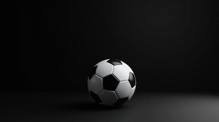 A single soccer ball rests on a dark surface, isolated against a black background, ready for action.
