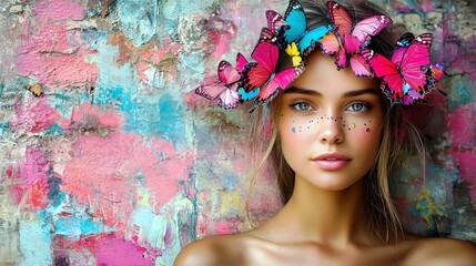 Beautiful Young Woman with Butterfly Crown and Colorful Background, Creative Portrait Art with Vibrant Colors and Floral Elements