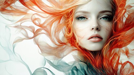 Ethereal Portrait of a Woman with Flowing Hair in Shades of Orange and Turquoise Blending into a Whimsical Abstract Background