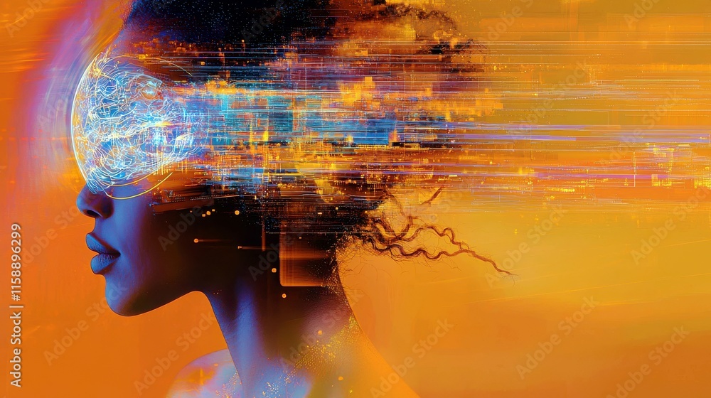 Aufkleber profile of a woman with digital abstract elements depicting artificial intelligence and data transfo