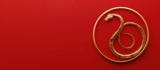 Chinese New Year lunar wide banner with origami-style geometric snake in gold and red tones, elegant minimalist design, curved shape on red background, golden accents, copy space for text.