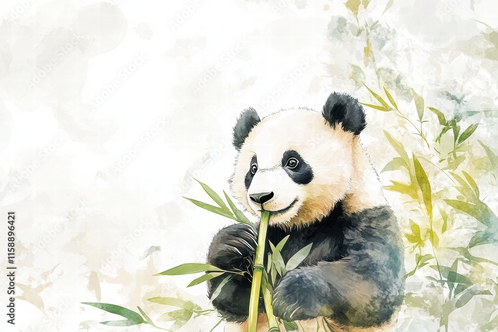 Poster Panda enjoys bamboo in serene setting with ample space for text and soft background elements. Generative AI