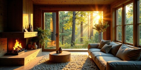 Fototapeta premium Serene Cabin Interior with Sunlight Streaming Through Large Windows and a Cozy Fireplace