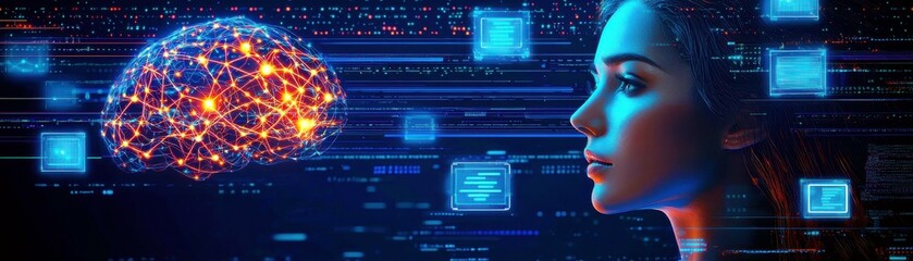 Futuristic Digital Representation of Human Brain Concept with Abstract Neural Connections and Data Visualization Overlaying Portrait of Thoughtful Young Woman