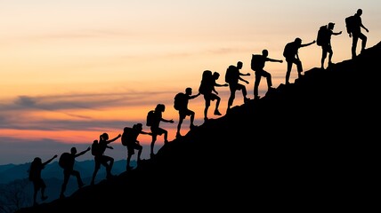 Fototapeta premium Silhouette of people helping each other hike up a mountain