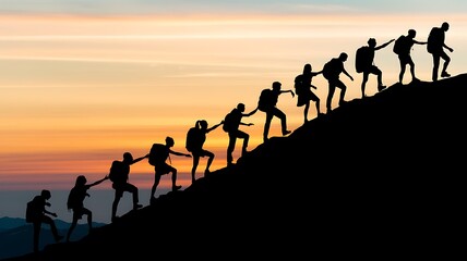 Fototapeta premium Silhouette of people helping each other hike up a mountain