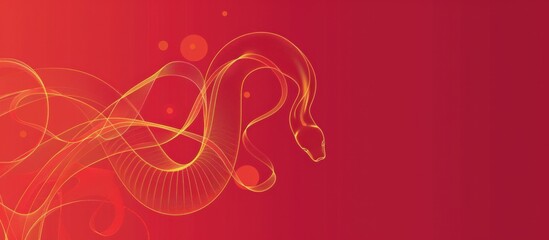 Chinese New Year lunar wide banner with origami-style geometric snake in gold and red tones, elegant minimalist design, curved shape on red background, golden accents, copy space for text.