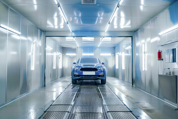 Blue car in a modern automotive paint booth, showcasing professional car finishing and detailing
