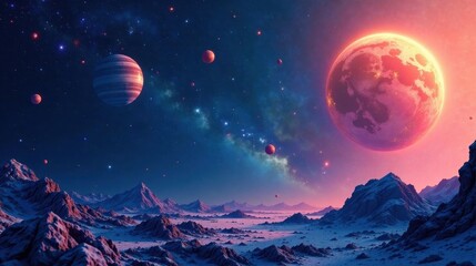 Fototapeta premium A Breathtaking Celestial Landscape Featuring a Crimson Planet and Icy Mountains Under a Starry Sky