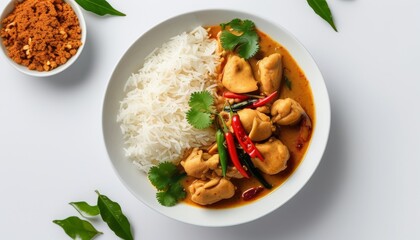 Thai Khao Mok Gai Chicken Dish with Rice and Fresh Herbs on White Tabletop