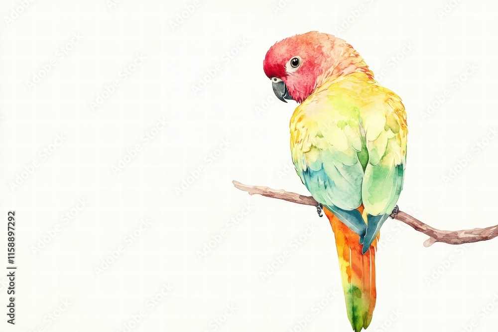 Fototapete bright parrot perched gracefully on branch with ample space for text and design elements in a vibran