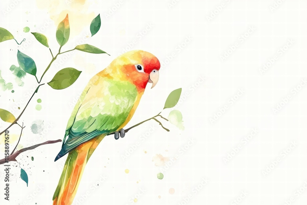 Leinwandbilder bright parrot perched on a green branch with ample space for text and design in a colorful watercolo