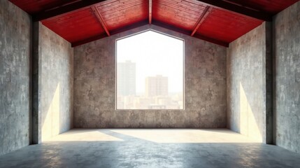 Fototapeta premium Empty Industrial Loft Space with Red Wooden Beams and a Large Window Offering a City View