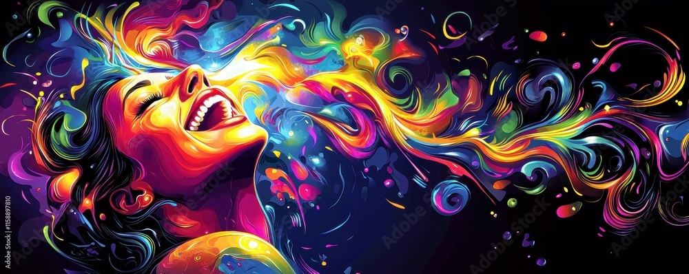 Poster vibrant and colorful abstract art of a woman embracing joy with swirling color patterns and expressi
