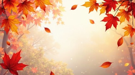 Autumnal Leaves Cascading in a Misty Woodland Setting, Perfect for Seasonal Designs