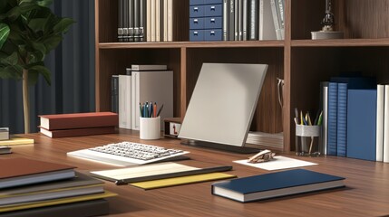 A neatly arranged office desk with a brown table background and on the table there are books, stationery and a keyboard.