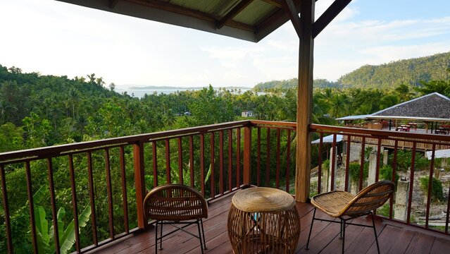 table and chairs on a tropical terracce