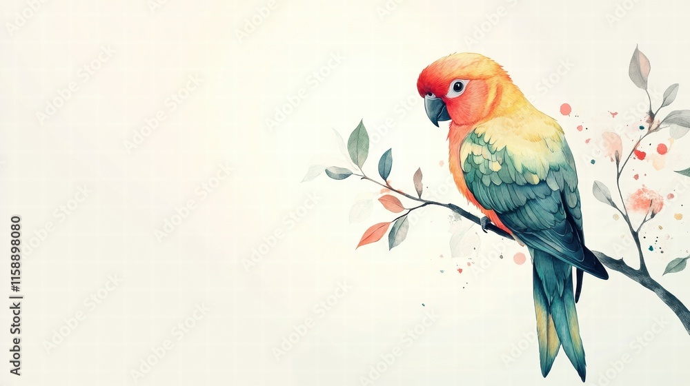 Fototapete colorful parrot perched on a branch with vibrant leaves and ample space for text mock up. generative