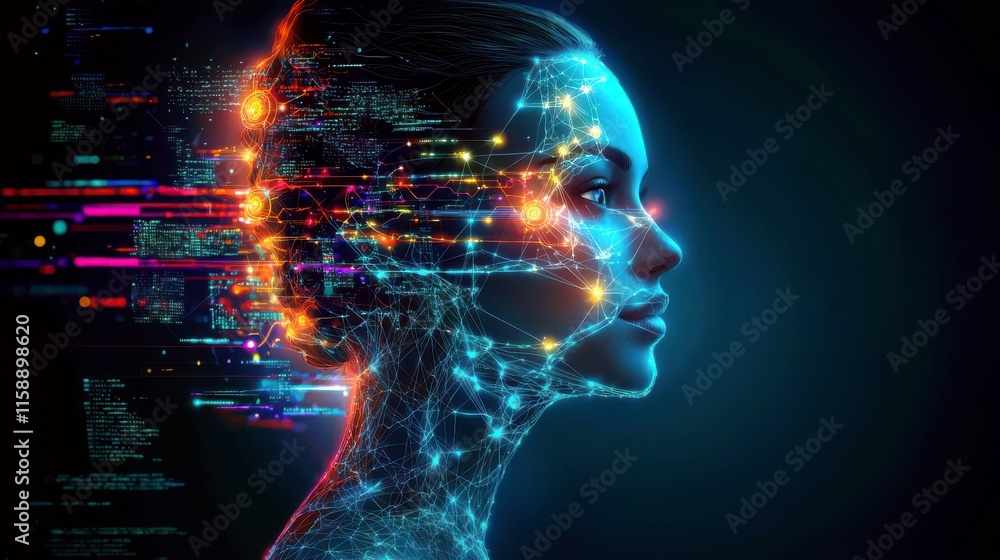 Aufkleber portrait of a digital woman with neon lights and data visualization representing technology and inno