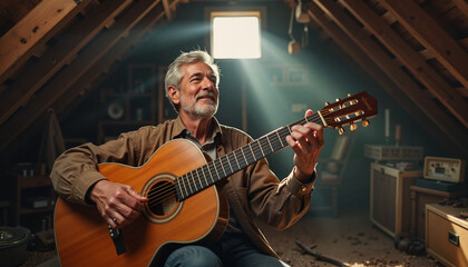 Mature man playing guitar in a sunlit attic Copy space