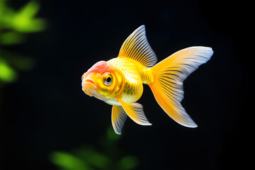 A vibrant goldfish swimming in clear water against a black background. The image emphasizes aquatic life and tranquil beauty, perfect for concepts of peace.