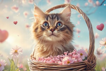 Cat in Valentine's Costume Concept. Adorable kitten in a basket surrounded by flowers and hearts