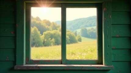Rustic Green Window Frame Offering a Serene View of a Sunlit Meadow and Distant Rolling Hills