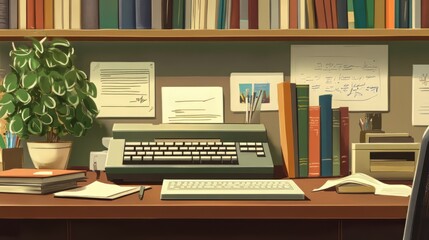 Fototapeta premium A neatly arranged office desk with a brown table background and on the table there are books, stationery and a keyboard.