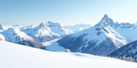 Fototapeta premium Serene Winter Landscape Snow-Capped Peaks and Frozen Lake in a Majestic Mountain Range