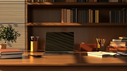A neatly arranged office desk with a brown table background and on the table there are books, stationery and a keyboard.