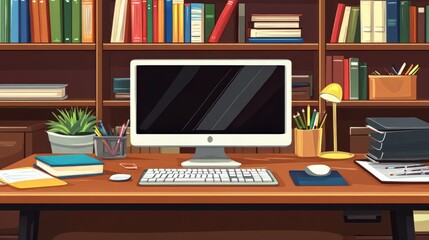 A neatly arranged office desk with a brown table background and on the table there are books, stationery and a keyboard.