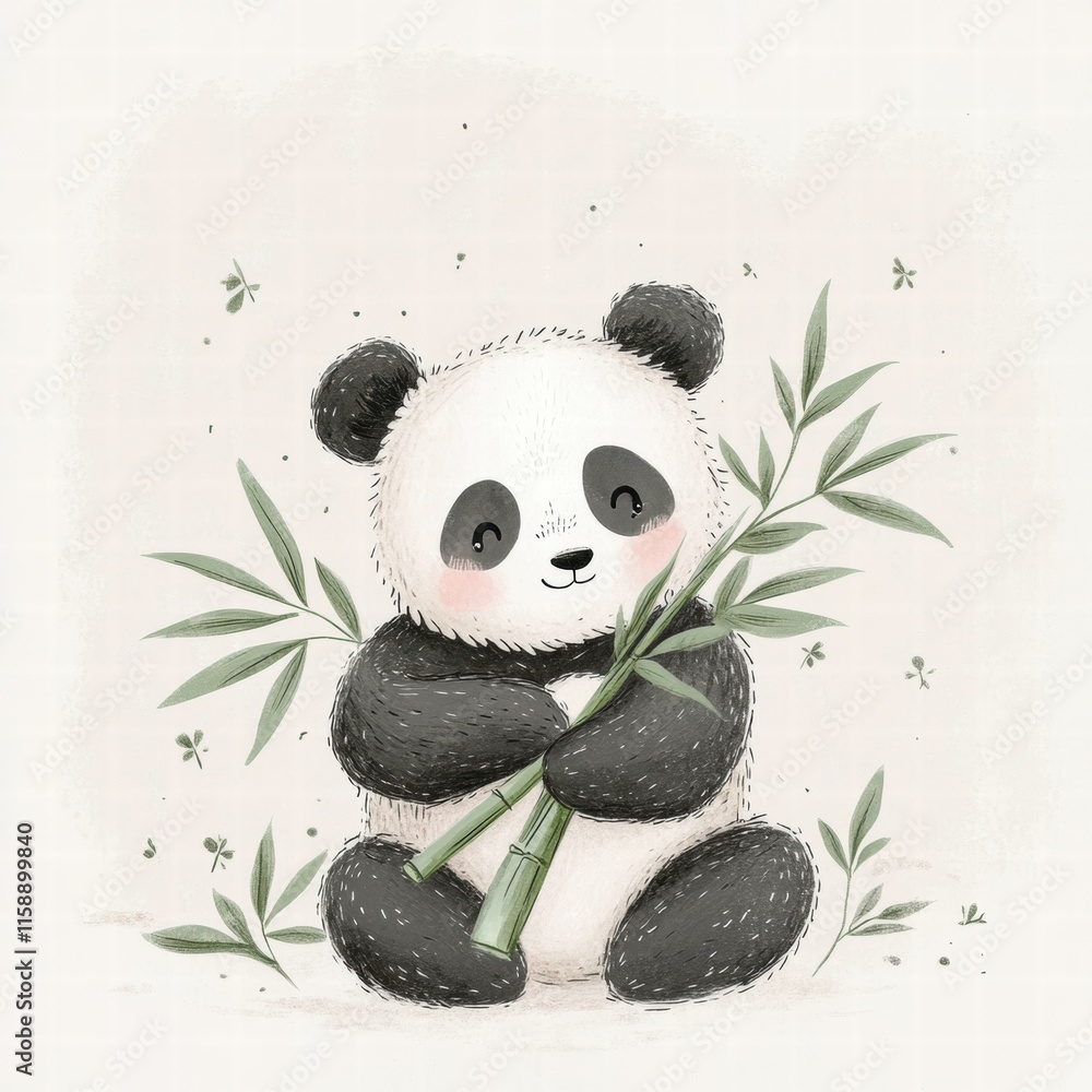 Poster Panda happily holding bamboo in cozy setting with space for text and design elements. Generative AI