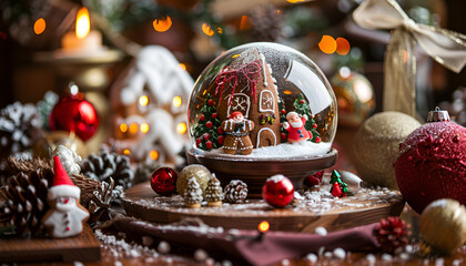 Christmas Market Goods Nearby. Snow globe, candles, gingerbread houses, Santa Claus toys