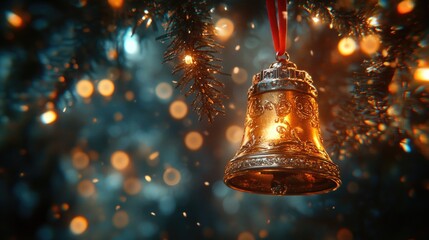 Golden christmas bell hanging on festive tree with bokeh lights. Merry Christmas. Happy New Year