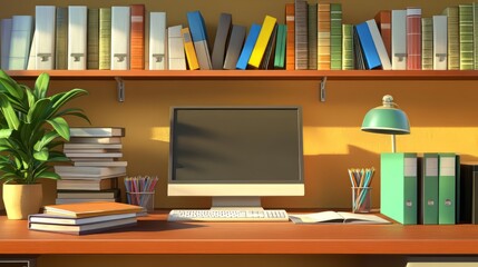 A neatly arranged office desk with a brown table background and on the table there are books, stationery and a keyboard.