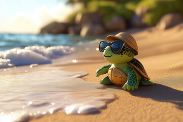 Obraz premium cute 3d cartoon turtle with sunglasses on the beach