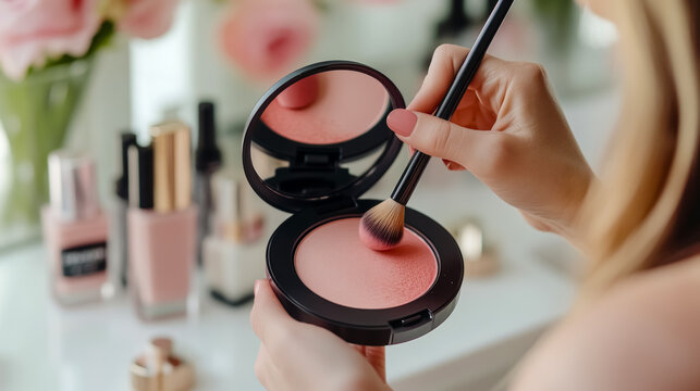 Elegant beauty moment captured in a bright bathroom featuring an adult woman enhancing her look with a blush compact and makeup brush