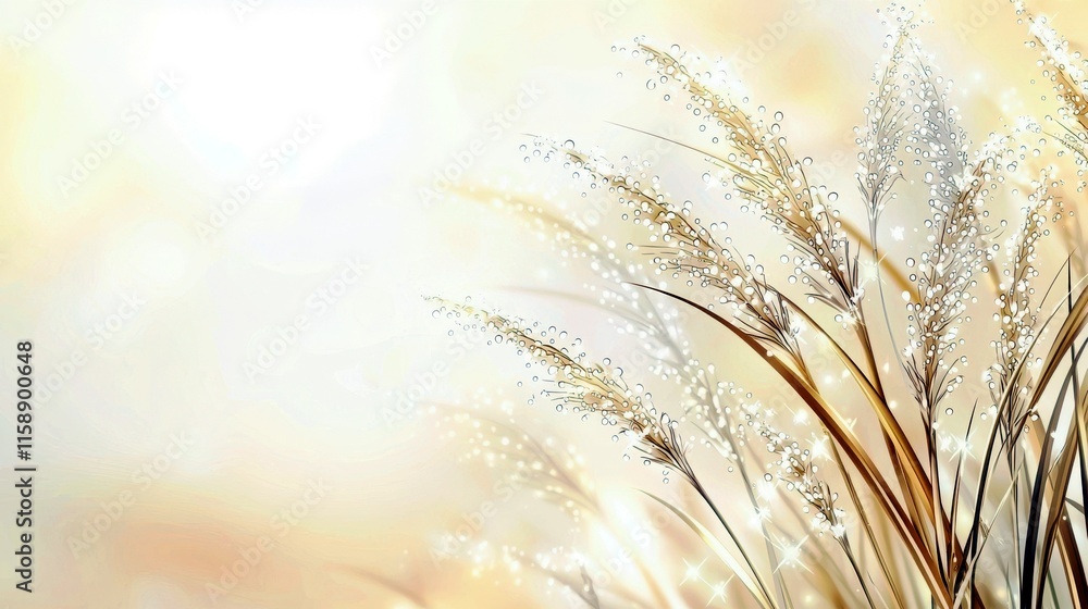 Poster soft golden grass with dew drops in gentle light background creating a serene and tranquil nature sc