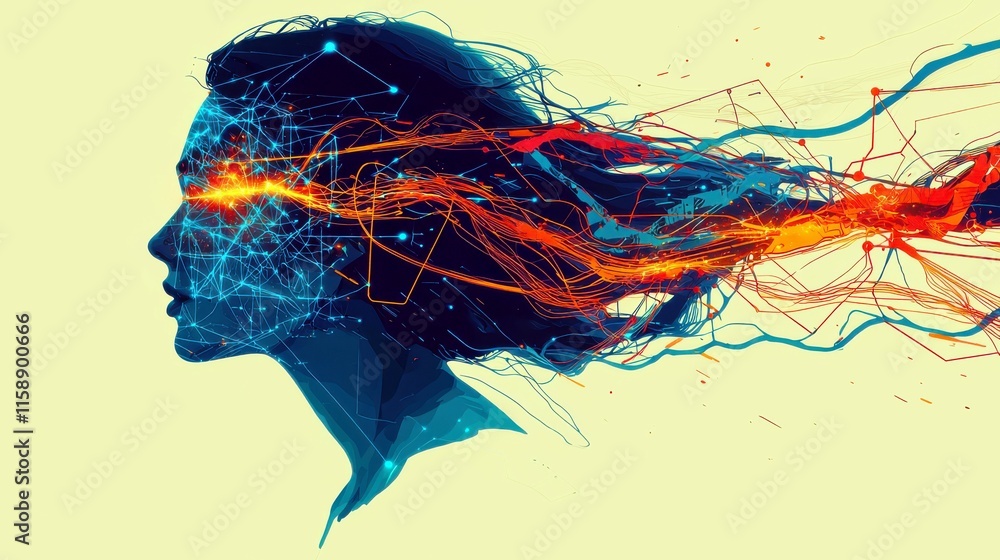 Poster ethereal portrait of a woman with colorful abstract lines representing data flow and connectivity in