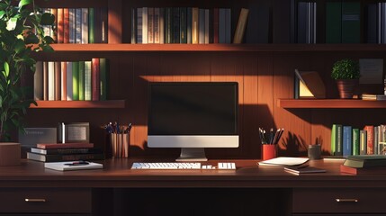 A neatly arranged office desk with a brown table background and on the table there are books, stationery and a keyboard.