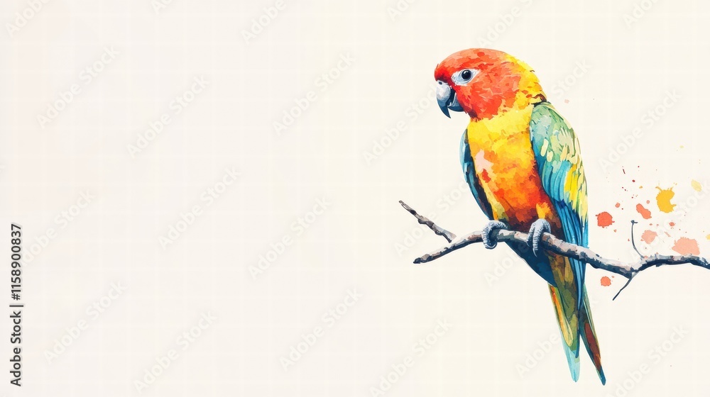 Fototapete bright parrot illustrated resting on a branch with vibrant colors and plenty of copy space for text.