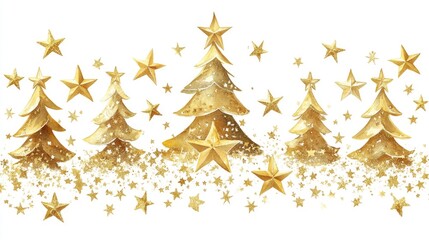 Golden christmas trees and stars on white background for festive season. Merry Christmas. Happy New Year