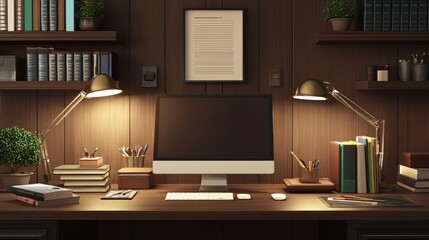 A neatly arranged office desk with a brown table background and on the table there are books, stationery and a keyboard.
