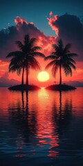 Tropical sunset over a tranquil island with palm trees reflecting in the calm ocean water.